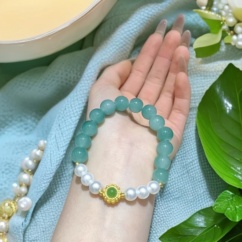 非金属仿水晶手链 喒天然水白色玻璃手串搭配珍珠原创气质手串