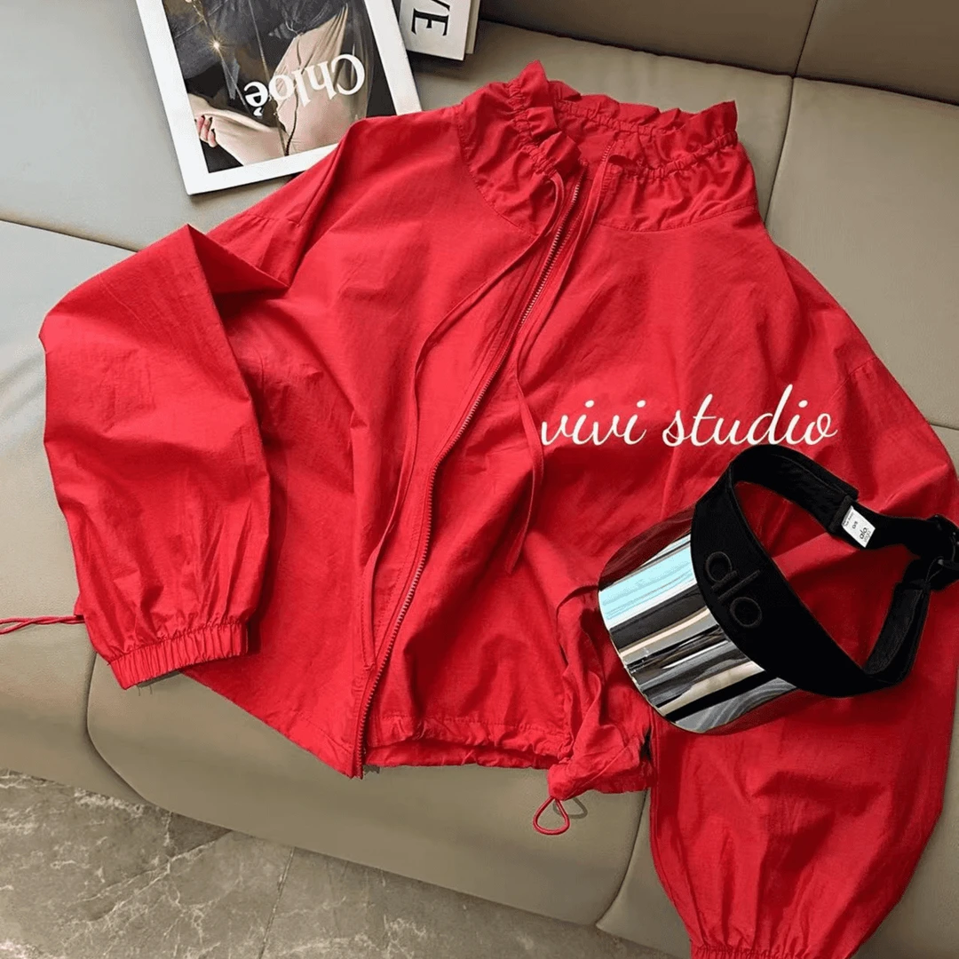 2025防晒衣女短款韩版简约红色休闲宽松百搭防晒服外套女