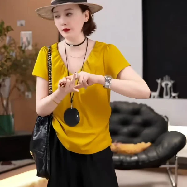 大码女装纯棉褶皱收腰V领短袖t恤夏季新款微胖mm显瘦小众漂亮上衣