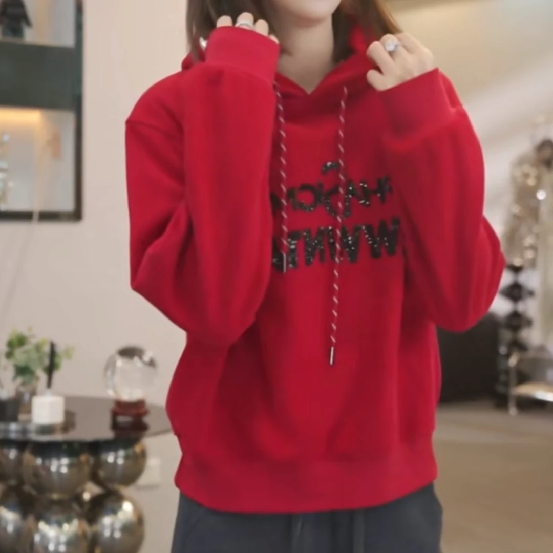 重工字母设计感加绒连帽卫衣女2025秋冬新款时尚气质休闲长袖上衣
