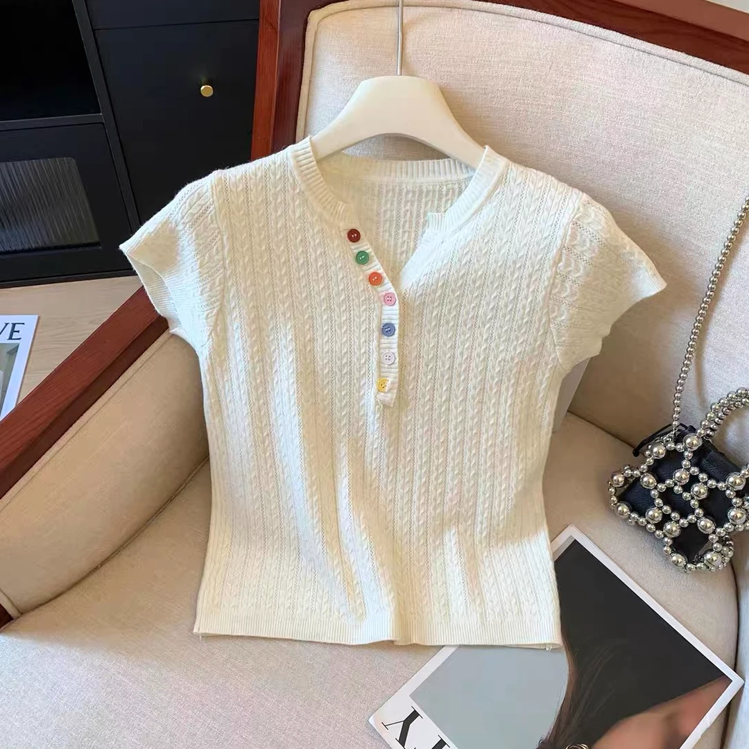 韩系彩色扣针织显瘦上衣女夏季新款百搭舒适外穿洋气短袖小衫