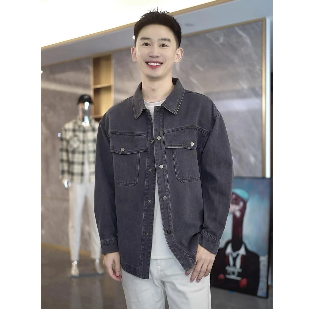 春季水洗灵感设计复古工装衬衫男士休闲灰色春款上衣翻领百搭668