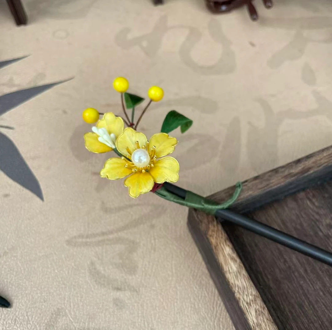 如梦笙嫣-3070-非遗绒花黄色百搭仙女原创设计发簪发簪子古风发饰