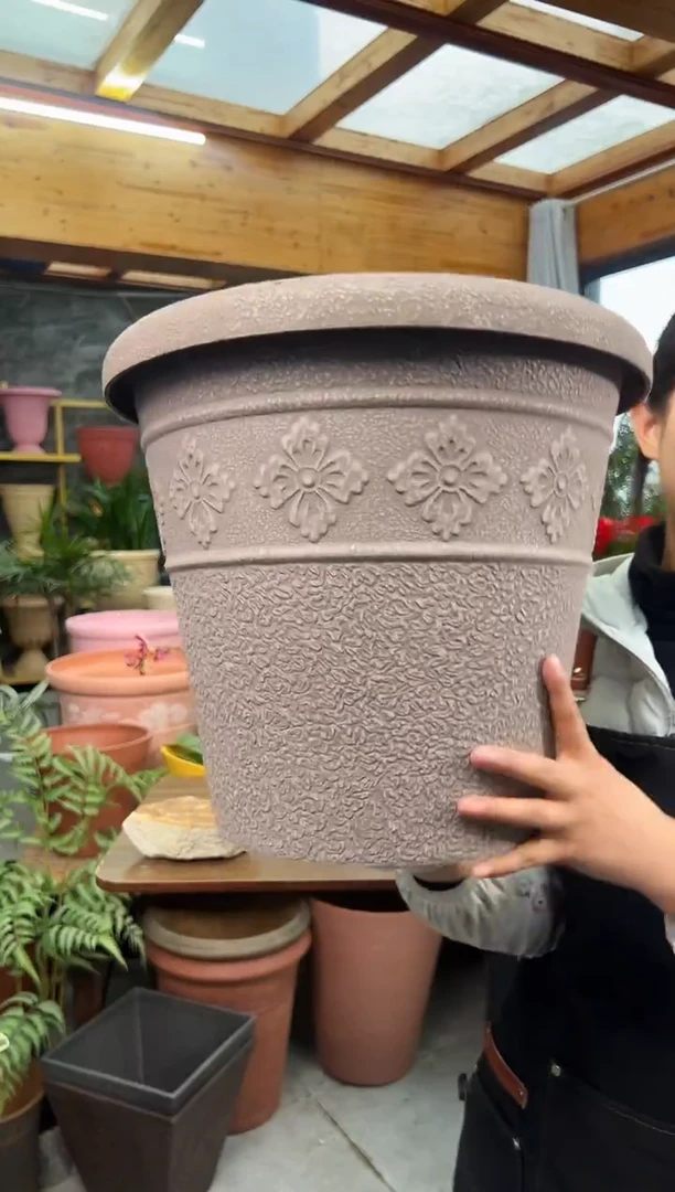 38*33/USA38-B/浅灰色手工浮雕纹理大花盆外贸尾单