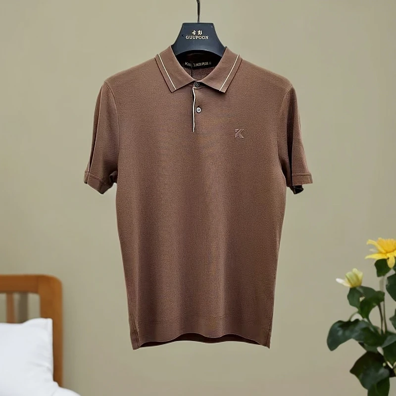 【针织T恤2445】男士高奢轻商务休闲时尚透气翻领短袖针织T恤衫