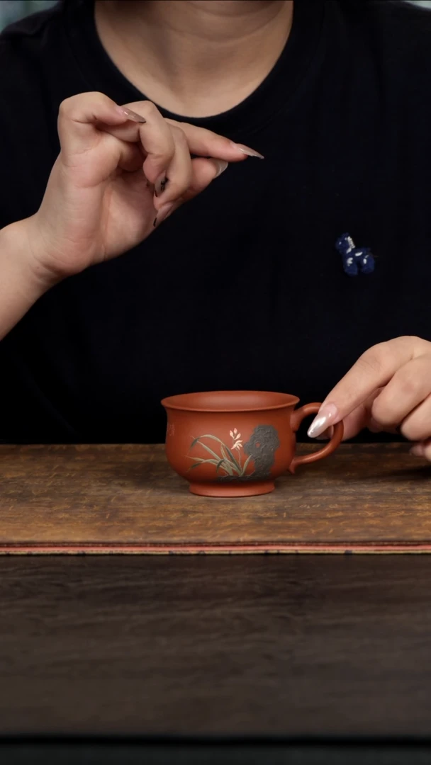 茶壶紫砂圆福杯泥绘朱泥