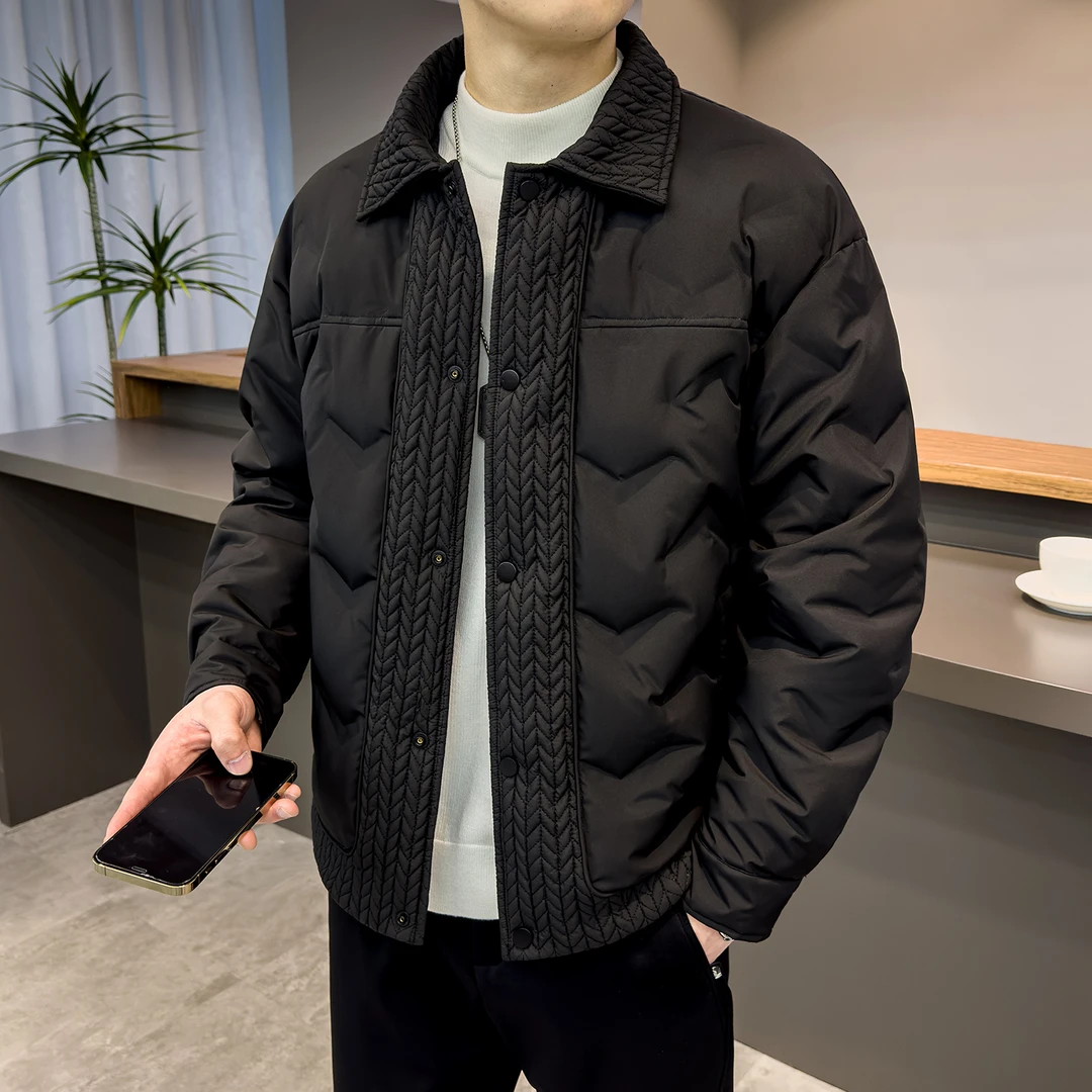 秋冬新款麦穗拼接羽绒服时尚翻领棉衣棉服简约百搭男防风保暖外套