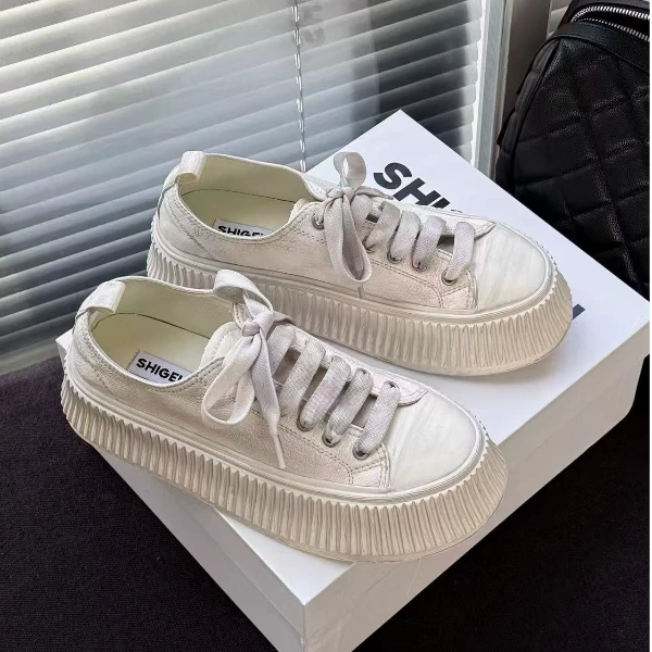 诗歌兰女鞋做旧饼干鞋2025秋季新款真皮厚底板鞋经典小白鞋62-073