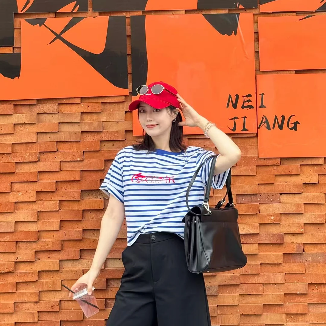 GIRDEAR/哥弟短袖T恤休闲风条纹夏季常规印花圆领1300790