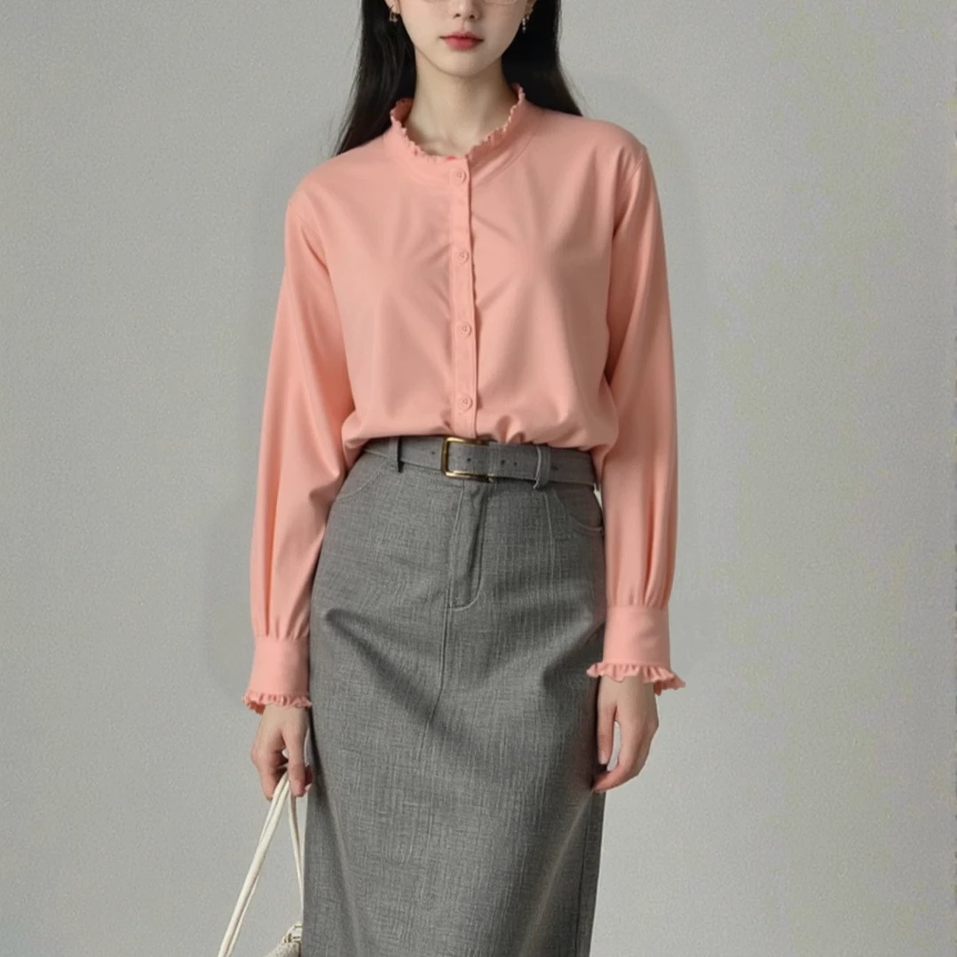 法式木耳边缎面粉色衬衫正肩内搭衬衣2025年早春新款女独特小上衣