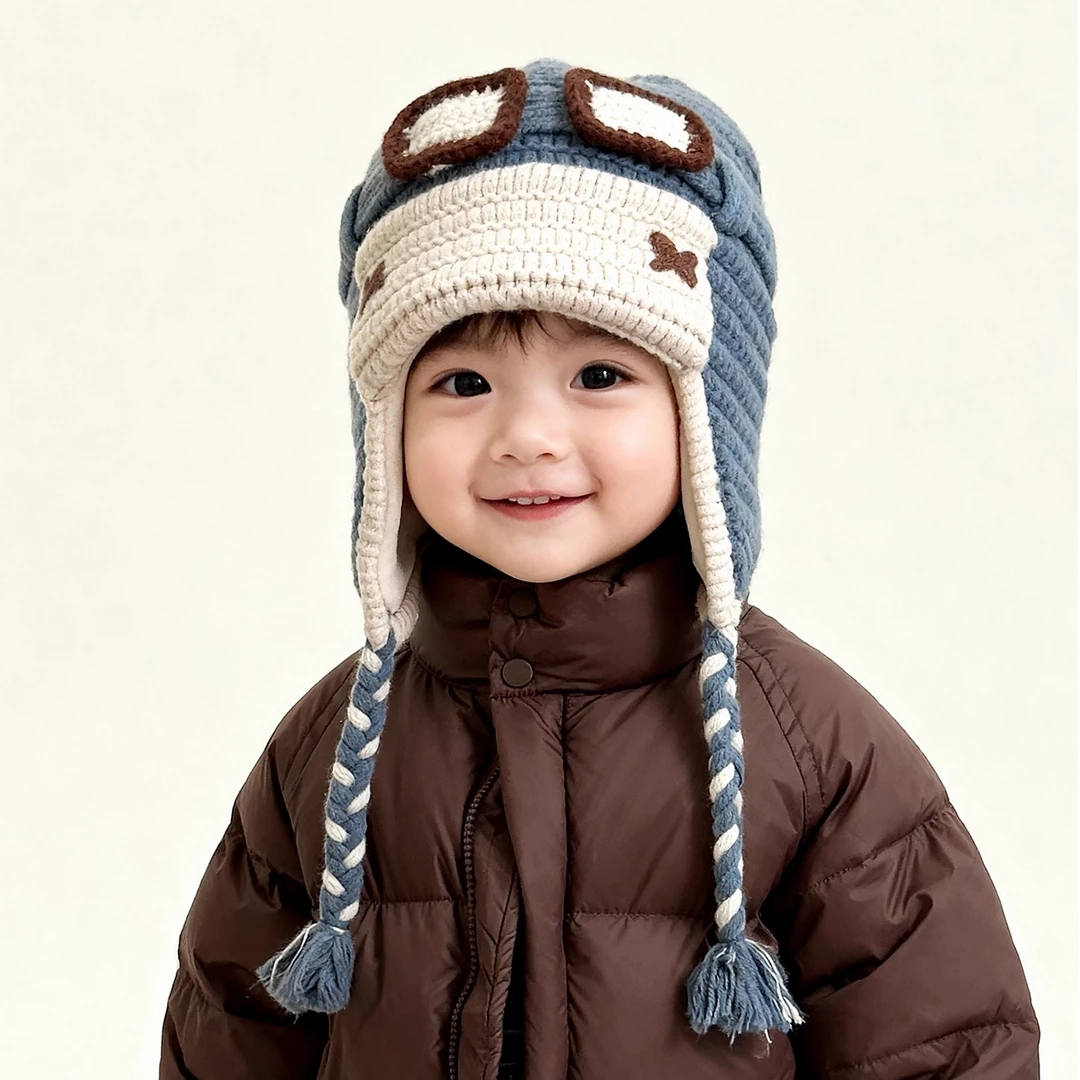 儿童帽子秋冬季男女保暖防风撞色飞行员护目镜毛线宝宝加厚护耳帽