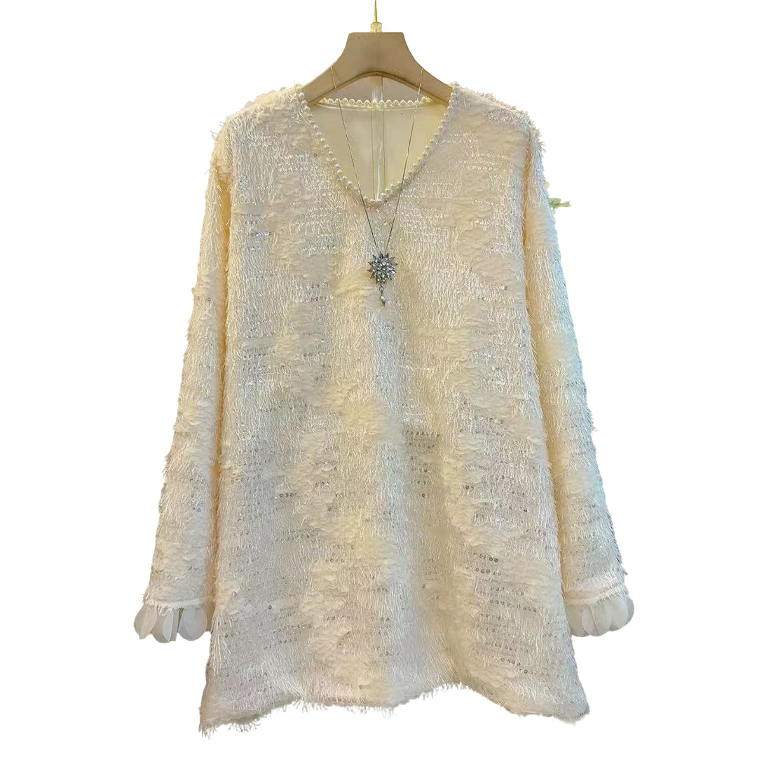 时尚韩版新款V领百搭重工亮片气质减龄开叉显瘦长衫（长77左右）