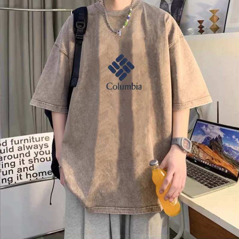 短袖男士新款夏季重磅纯棉半袖上衣美式穿搭水洗做旧复古高街t恤