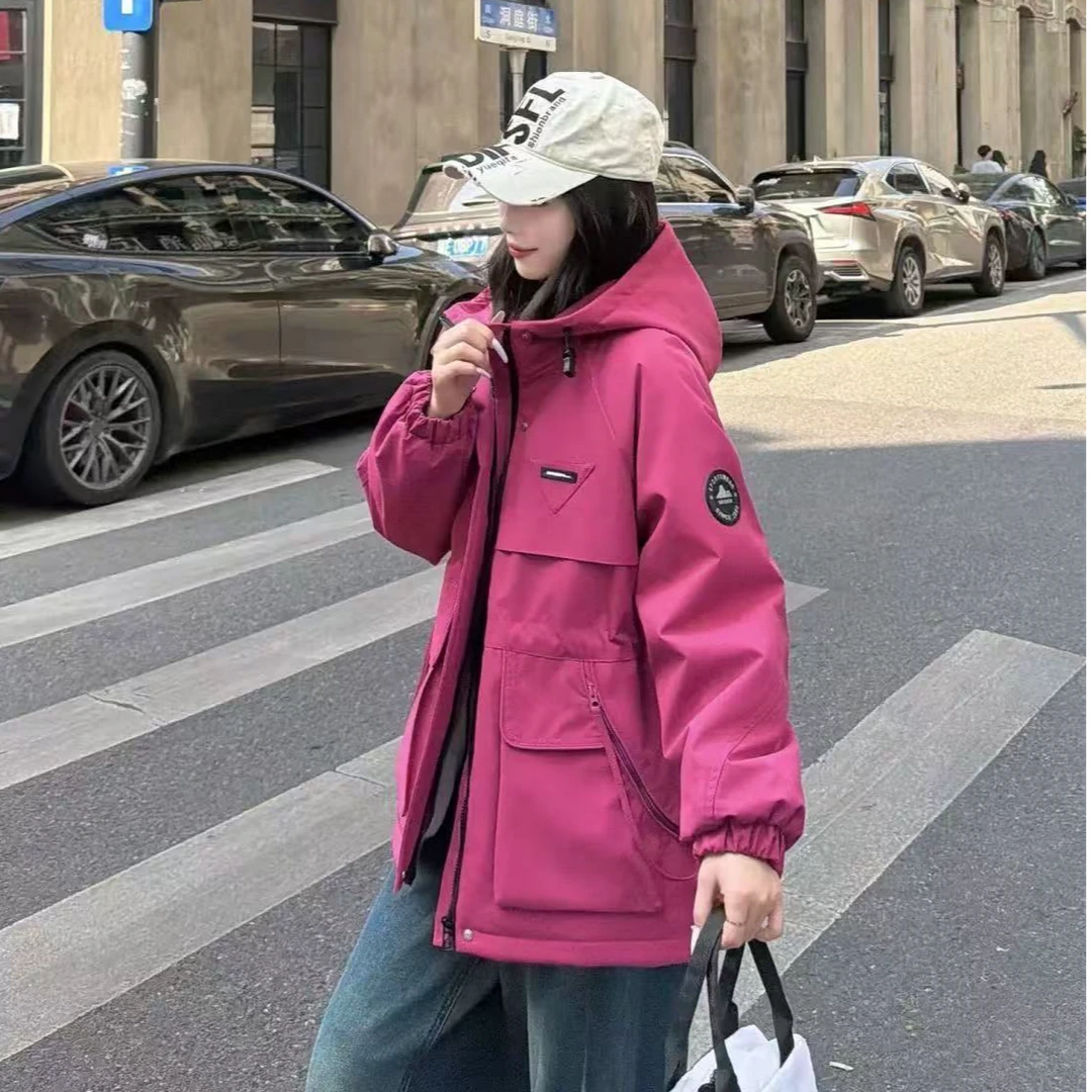 加绒连帽冲锋衣女2025冬时尚宽松休闲显瘦百搭设计感加厚外套936