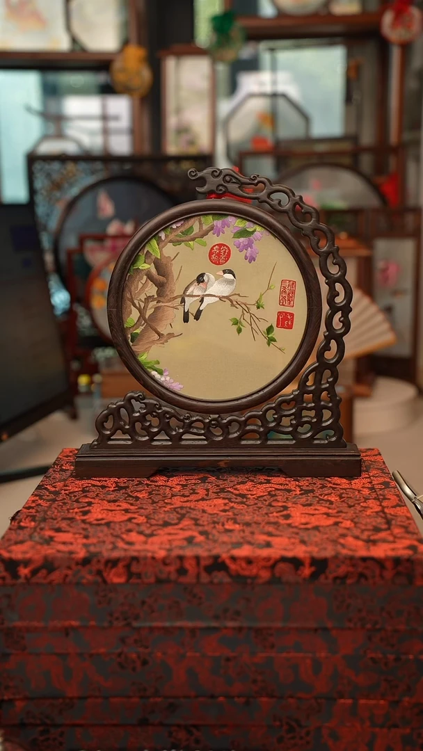 扇子龙头架 苏绣双面绣摆台