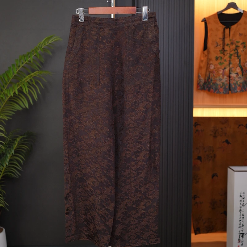 【凤鸣朝阳直筒裤】国风新中式老料油缎香云纱凤凰刻花直筒裤复古