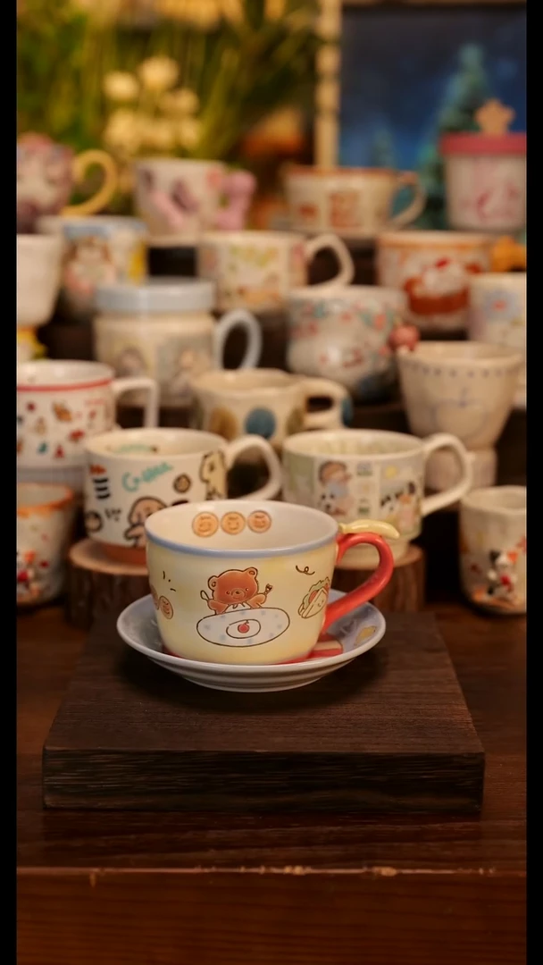 陶瓷手柄款面包小熊杯碟