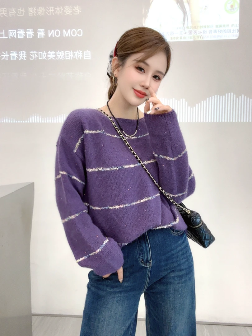 恰逢景梅子自留款秋款薄款毛衣女宽松高品质亮片拼纱线慵懒毛衣