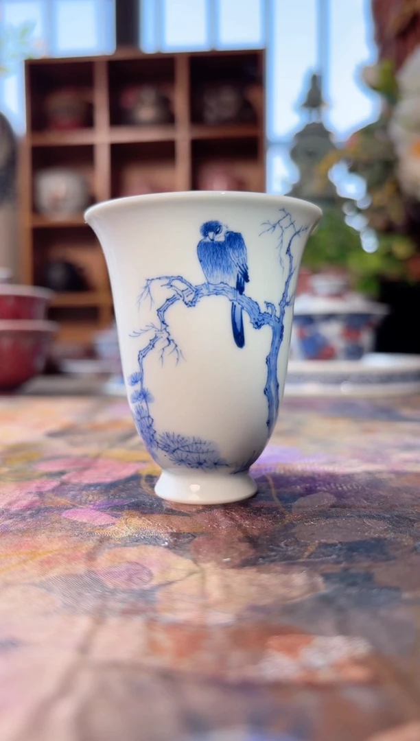 瓷青花手绘雀上枝头闻香杯