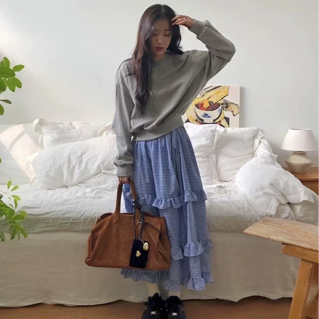 韩单蓝格子木耳边半身长裙