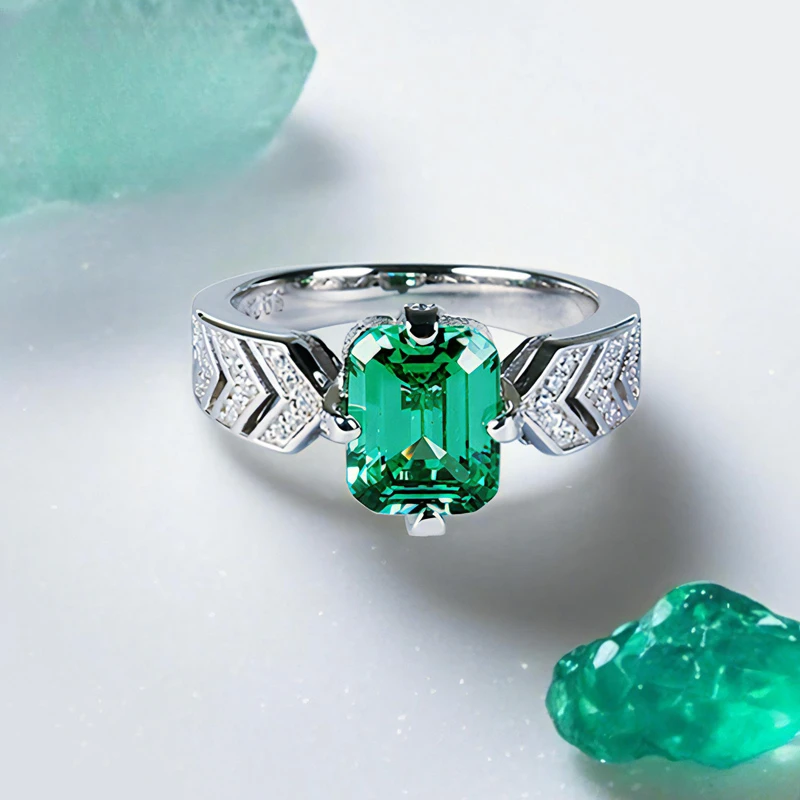 MOKI 925银戒指 轻奢珠宝欧美925银镶宝石仿真祖母绿戒指环ins