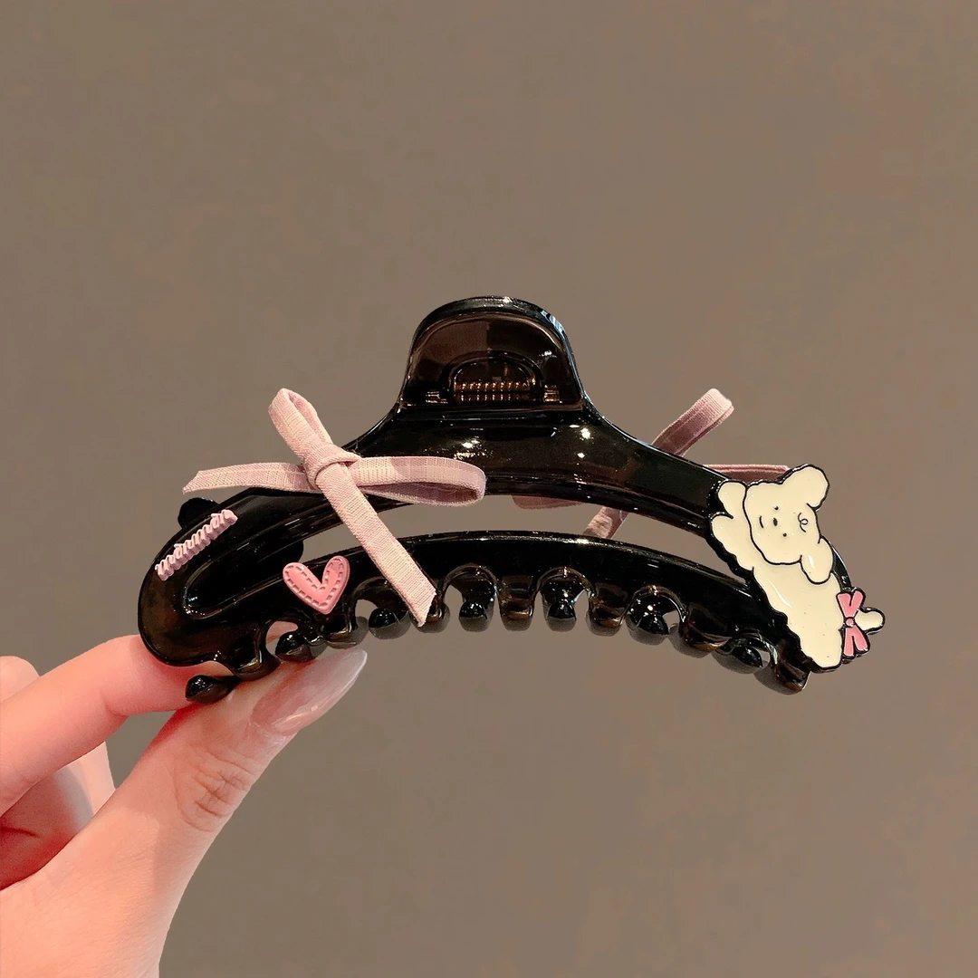 韩系小狗蝴蝶结盘发夹透黑色抓夹甜酷大号后脑勺鲨鱼夹女卡通发饰