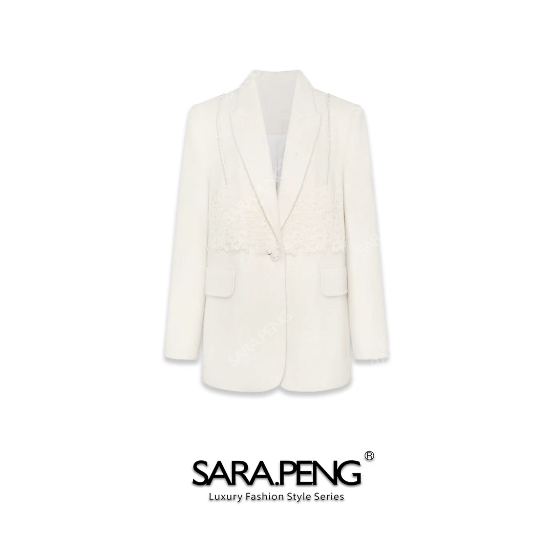 SARA.PENG经典大牌｜秋冬季羊毛拼蕾丝单扣休闲西装外套｜1D168462
