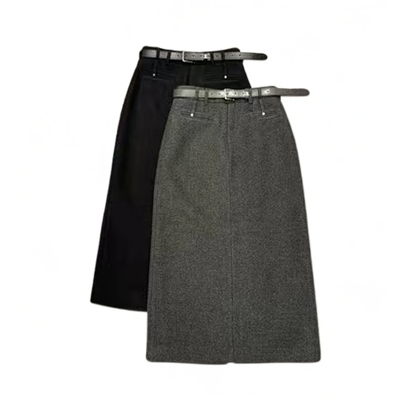 319冬季新款时尚假口袋配腰带后开叉显瘦半身裙女