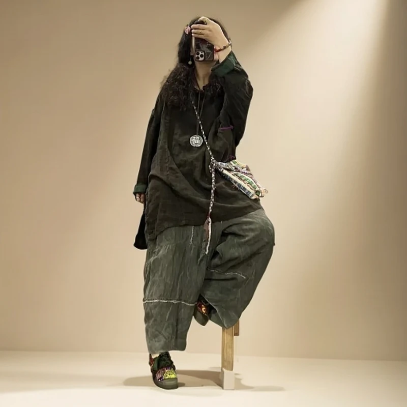文艺亚麻斜襟盘扣立领衬衫刺绣贴布外穿上衣女装复古宽松春秋黑色