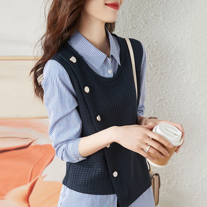 职业阿玛诗官2025春秋新款Polo领假两件条纹长袖衬衫女韩版衬衣女