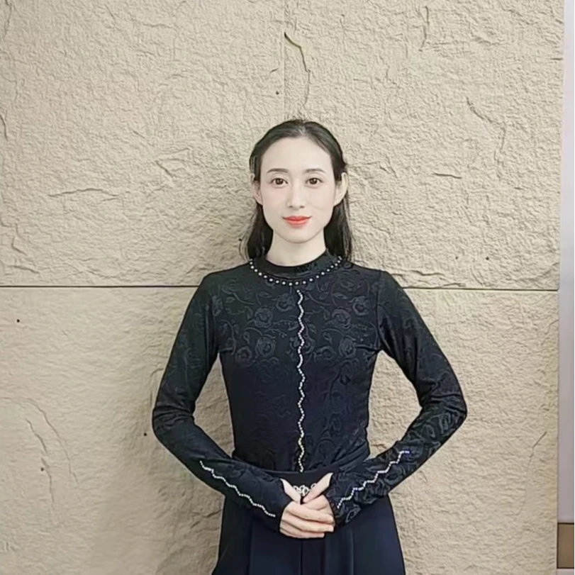 欢舞阁吉特巴摩登交谊舞气质百搭圆领长袖烫钻广场女上衣服A0815