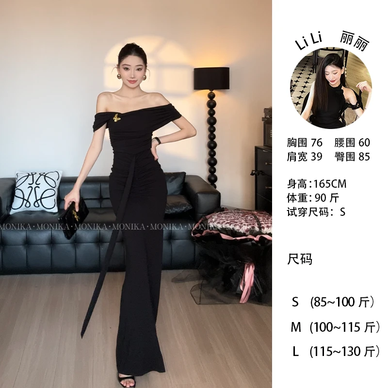 【蝶梦】高级感斜肩开叉连衣裙气质显瘦修身包臀裙一字肩设计25080