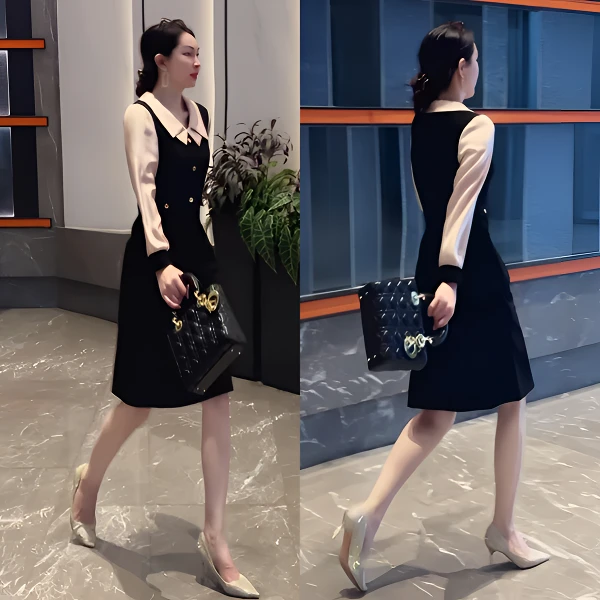 百花果【防褪色】2025秋季大码女装长袖雪纺袖连衣裙弹力假两件