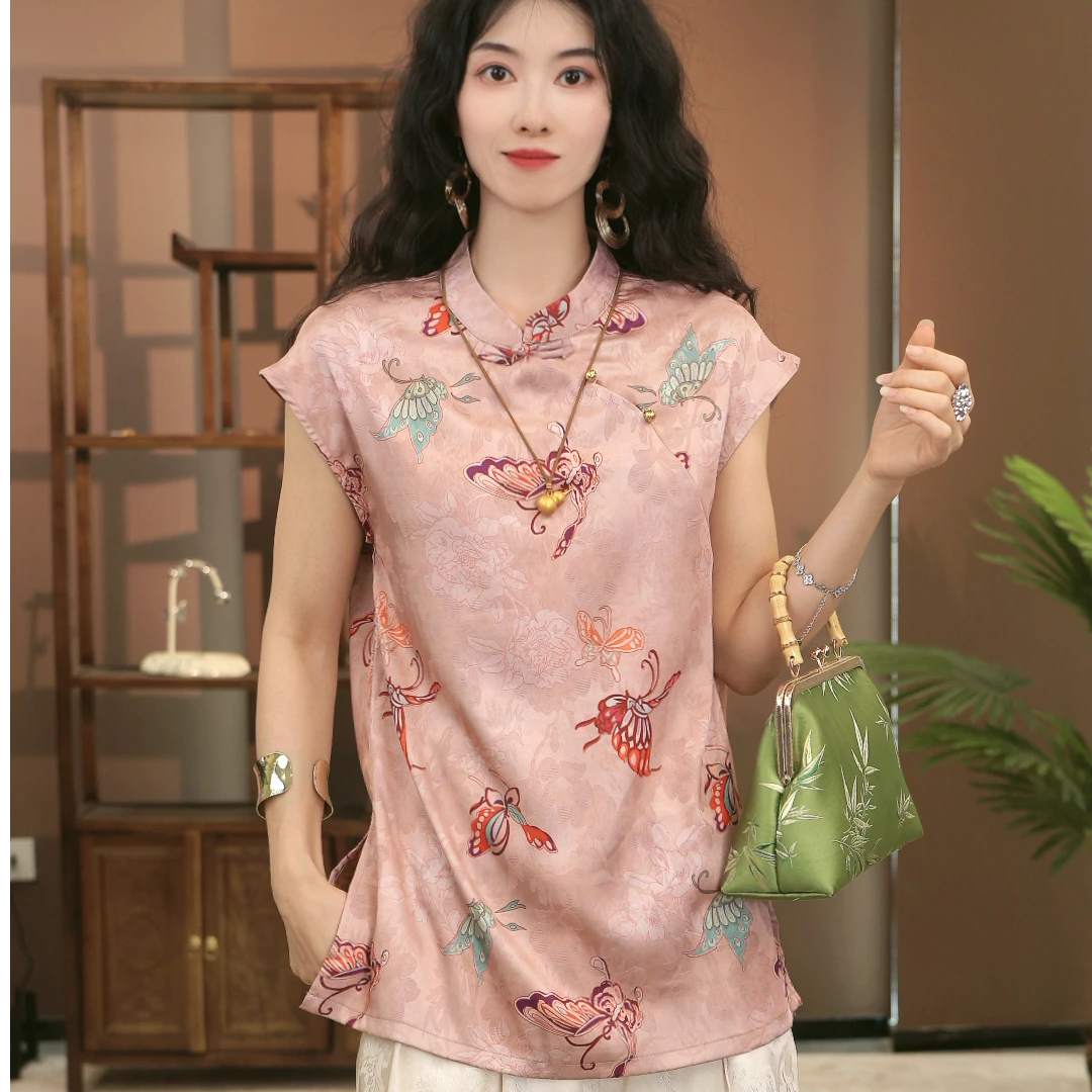 新中式民族风夏季立领衬衫提花夏装蝴蝶连衣裙印花-Y771