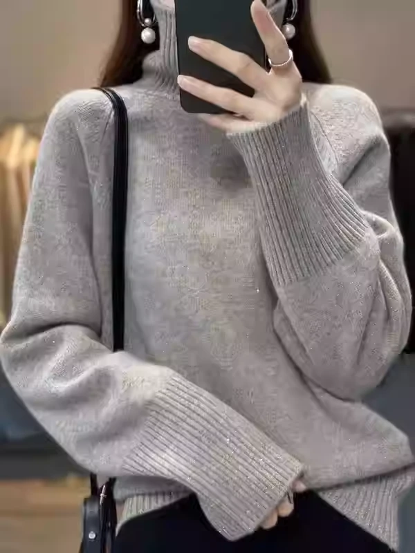 职业阿玛诗官2025秋冬款宽松亮片高领加厚纯色毛衣打底翻领针织女