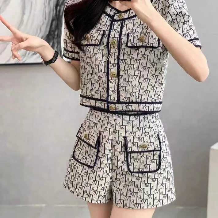 9294气质休闲时尚套装女2025夏季新款小香风显瘦短上衣短裤两件套