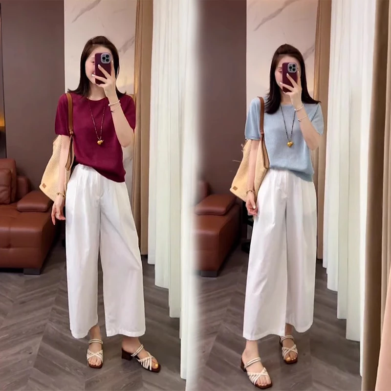 2025夏季新款休闲风时尚套装女圆领针织短袖上衣韩版小个子两件套