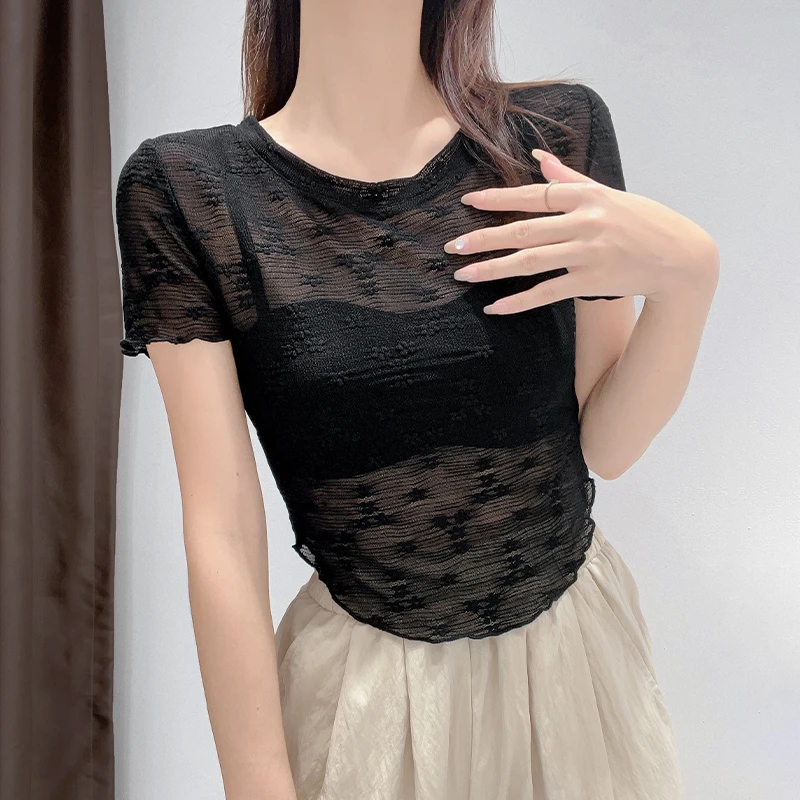 纯欲蕾丝短袖t恤女夏季显瘦透视内搭薄纱打底衫辣妹短款网纱上衣