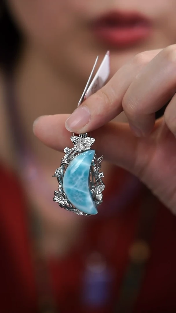 银S925镶嵌针钠钙石（海纹石）吊坠(不含链)月亮吊坠