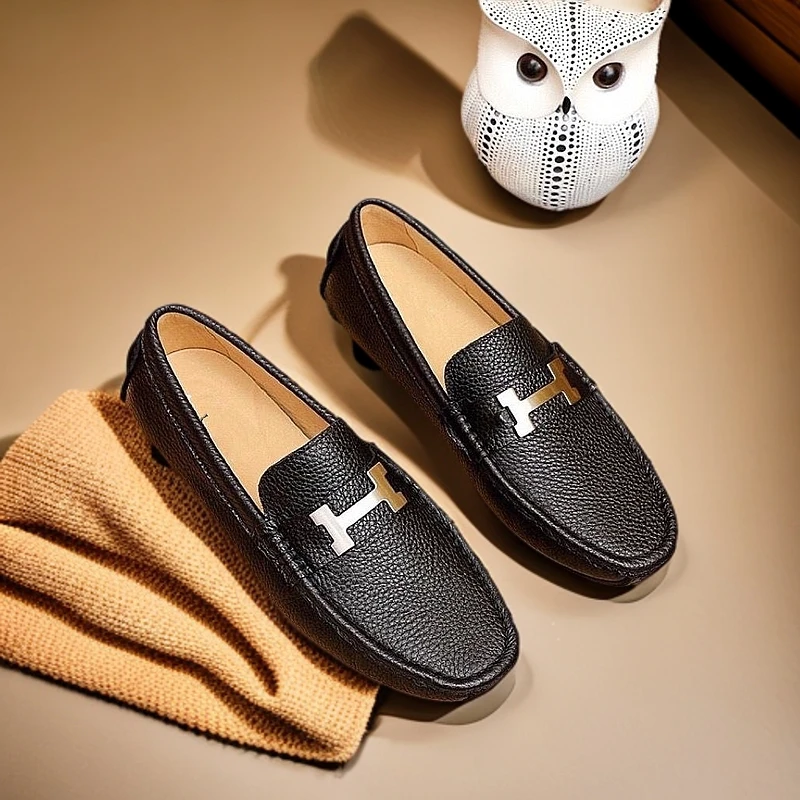 欧州站H真皮豆豆鞋轻便韩版潮流夏季套脚男士休闲鞋百搭懒人鞋