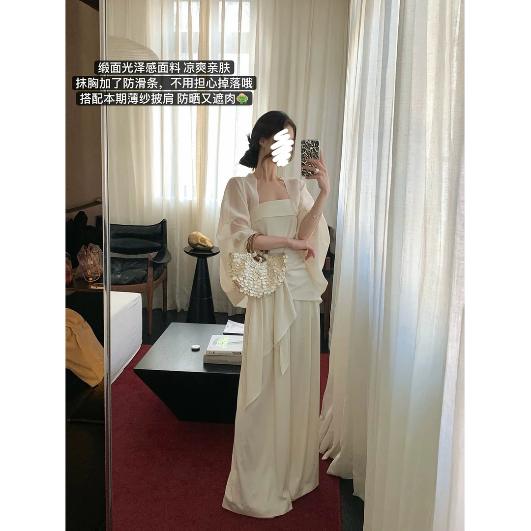 白77-大码女装不规则绑带收腰抹胸背心高腰阔腿裤防晒开衫12483