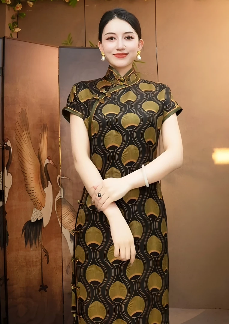 断码青no退不补差/云雀桑蚕丝红云纱气质连肩袖古法全开襟旗袍