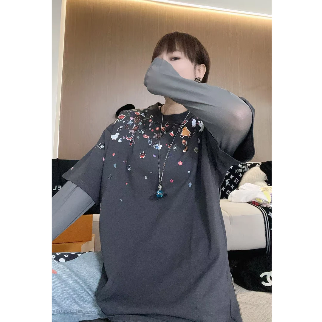 【影子】猫咪小熊摆件图案潮流百搭宽松休闲圆领印花中长款夏季T恤