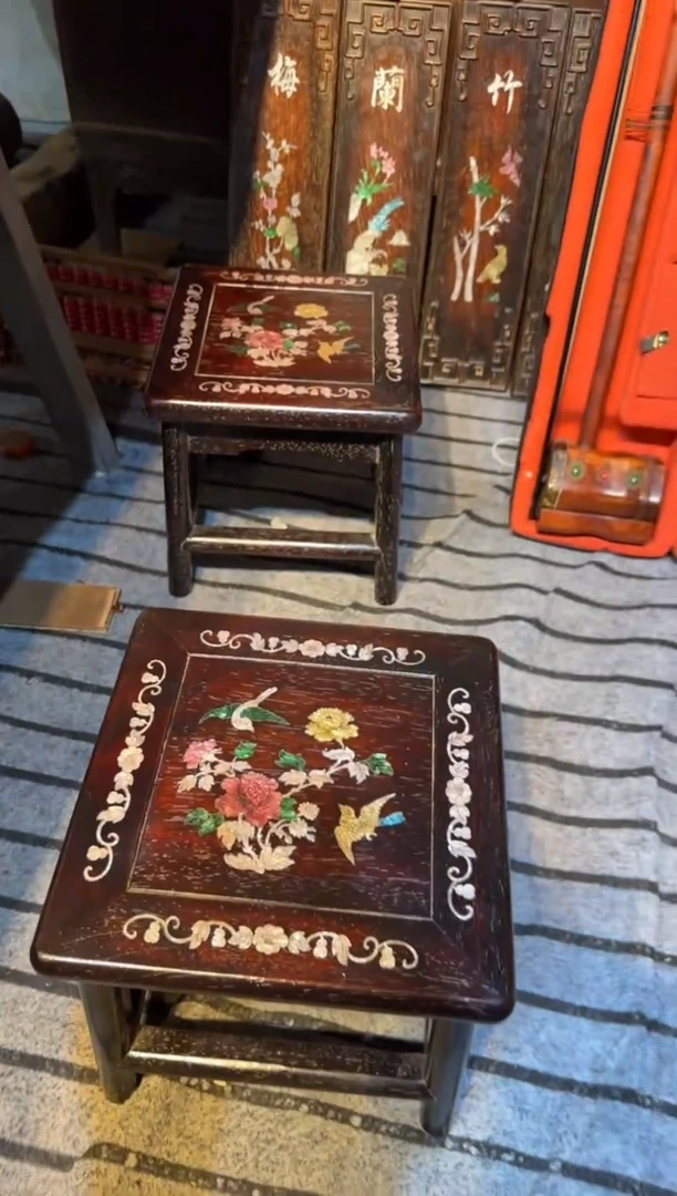 木紫檀富贵凳镶嵌彩贝花鸟花鸟