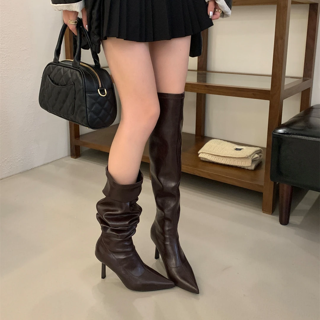 显腿长~！辣妹尖头高跟过膝长靴女性感细跟弹力瘦瘦靴高筒堆堆靴女