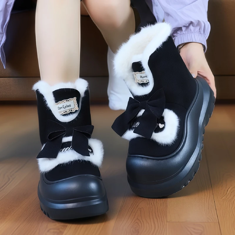 加绒棉鞋女新款2025冬季居家室内穿厚底防滑甜美蝴蝶结保暖雪地靴