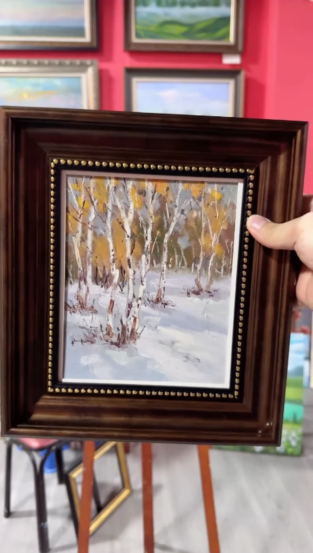 油画俄罗斯手绘油画作品《 冬季白桦 》25x28 外框发