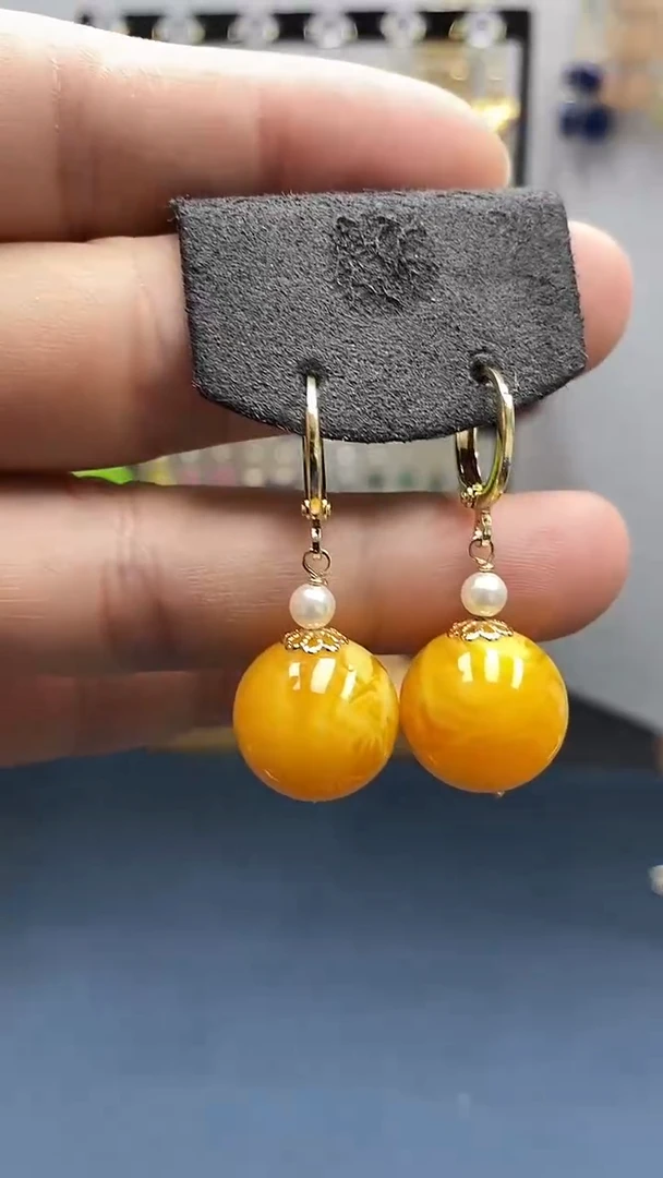 【闪购商品】蜜蜡耳饰银S925镀金镶嵌尺寸16mm耳扣06