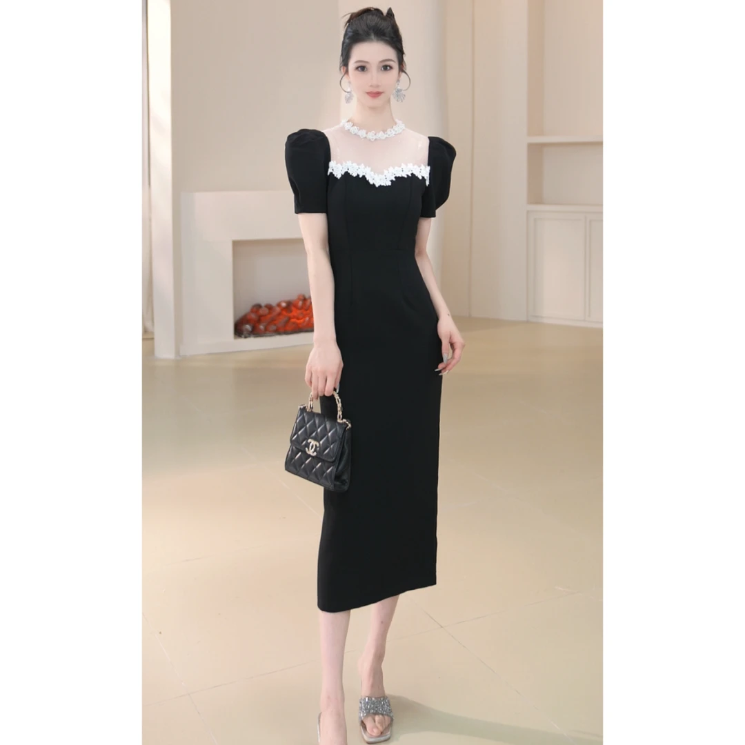 9071显瘦气质轻奢夏季黑色法式长款名媛复古赫本风修身优雅连衣裙