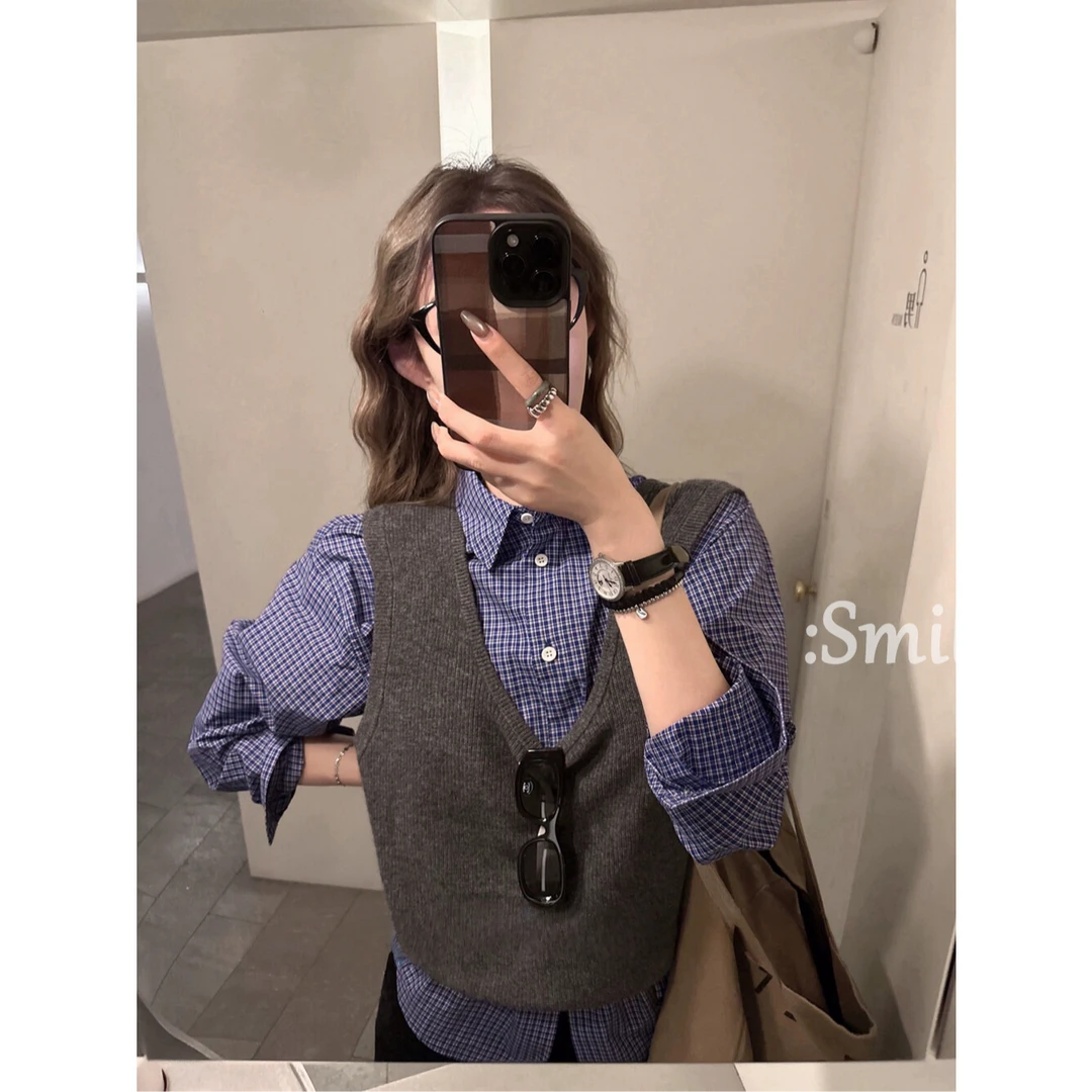 【SmileYan】（松弛调调）韩系日常百搭通勤舒适针织马甲+格纹衬衫